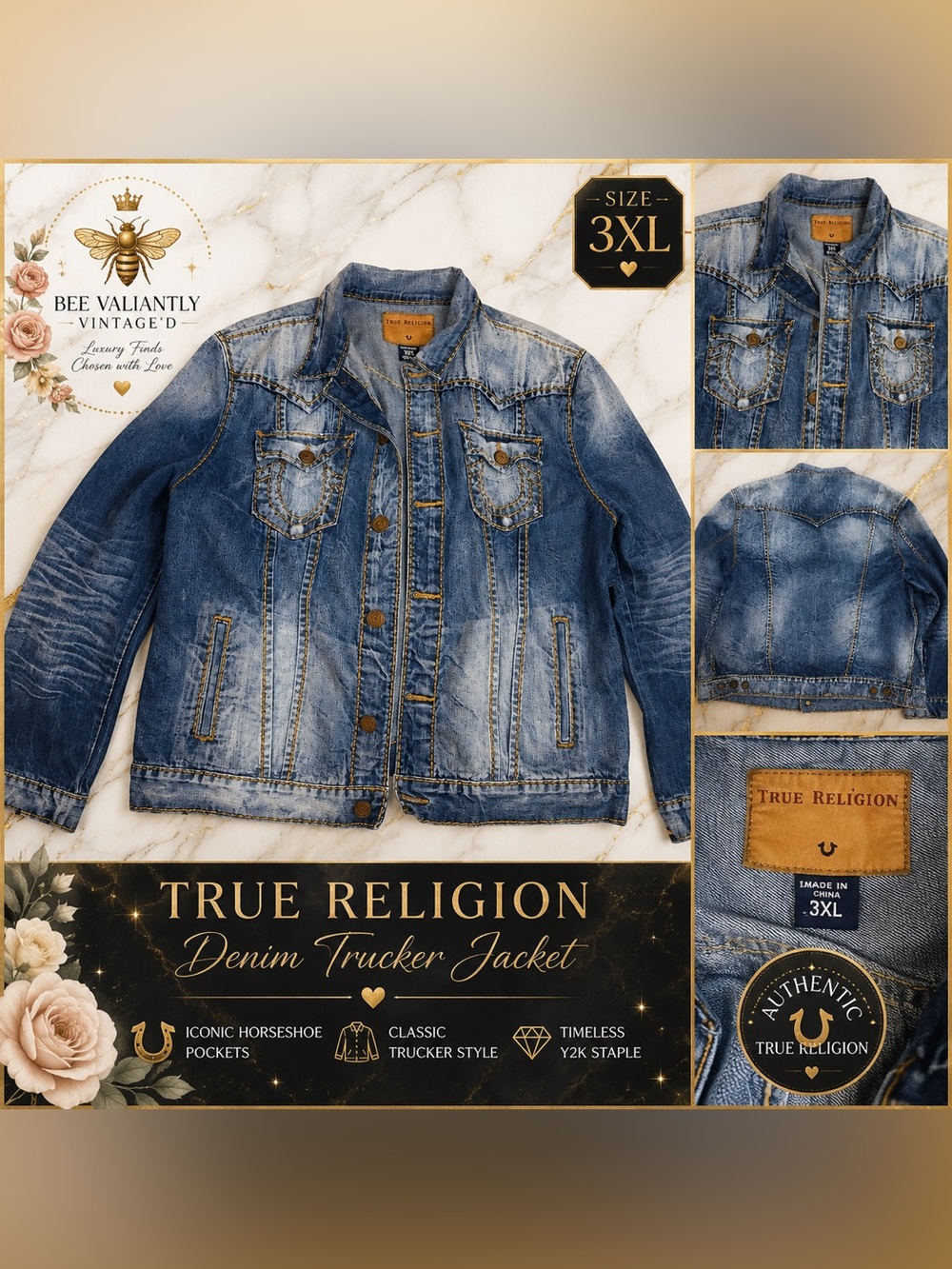 True Religion Denim Trucker Jacket Medium Wash Horseshoe Pocket Size 3XL